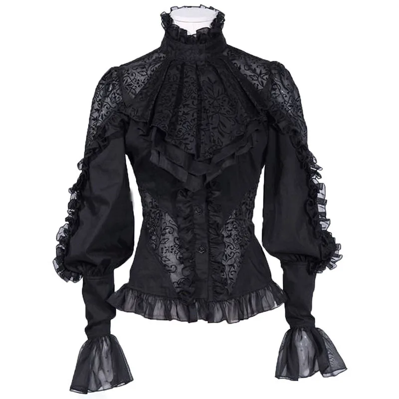  Womens Vogue Punk Gothic Lace Long Sleeve Shirt Lolita Court Blouses Tops Black Mesh Breathable A38