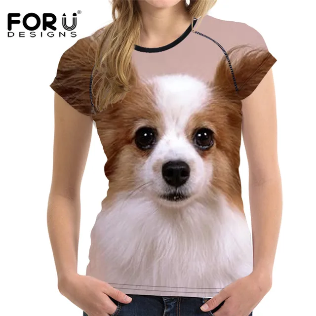 FORUDESIGNS Summer Women T Shirt 3D Papillon Dog Printing Woman Tops O ...