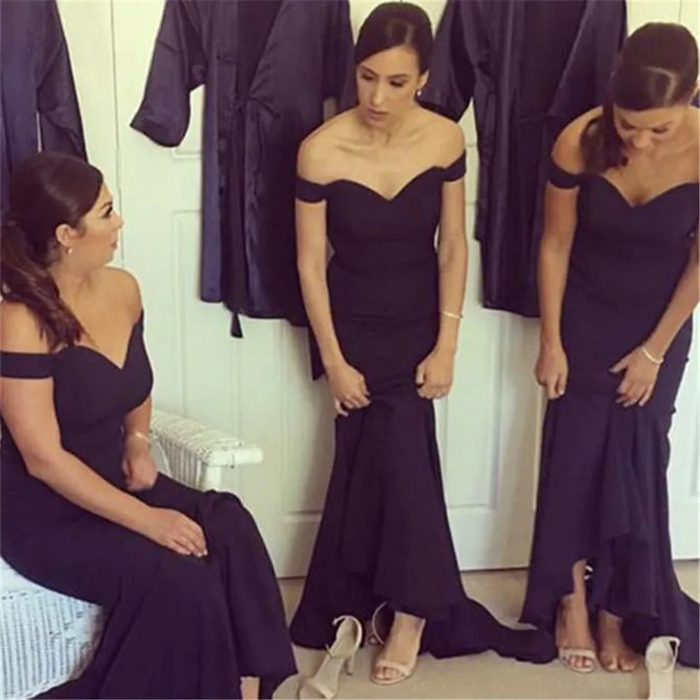 Simple Mermaid Long Dresses Bridesmaid Boat Neck Off The Shoulder Floor Length Navy Blue Wedding Party Dress Cheap 2019 | Свадьбы и