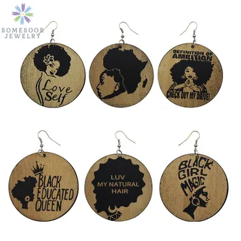 

SOMESOOR African Woman Natural Hair Wood Drop Earrings Carved Black Girl Magic Educated Queen Afro Ethnic Ambition As Gift 6Pair