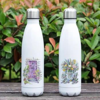 

Beautiful Flower Print Water Bottle for Sporting 17oz Stainless Steel Watercolor Painting Flowers Themed Thermal Flask Insulated