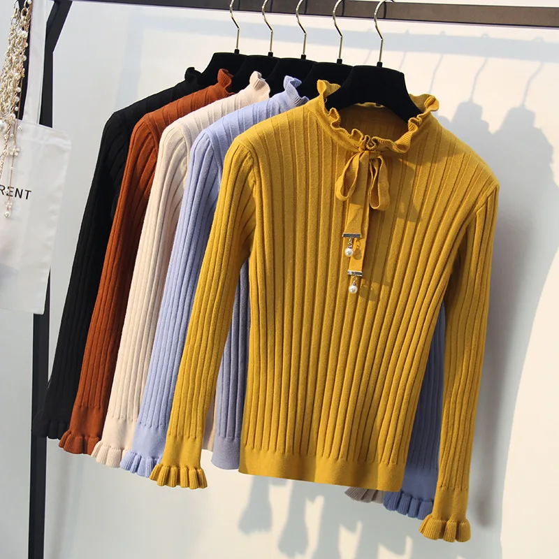 

Knitted Sweater Pullover Femme 2018 Autumn Winter Cute Basic White Yellow Lace Up Ruffles Turtleneck Women Sweaters Jumper