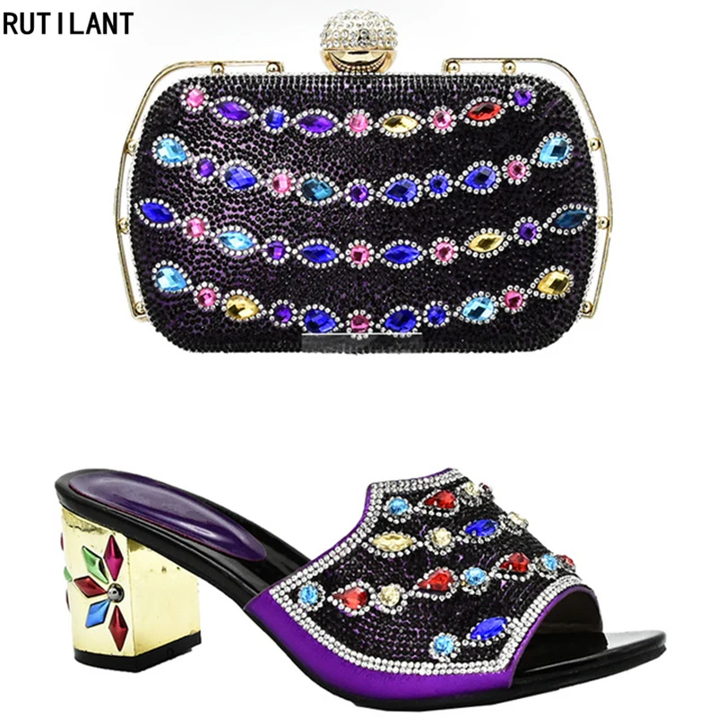 

Purple Color Italian Matching Shoe and Bag Set Decorated with Rhinestone African Wedding Shoes and Bag Set Party Shoes and Bag