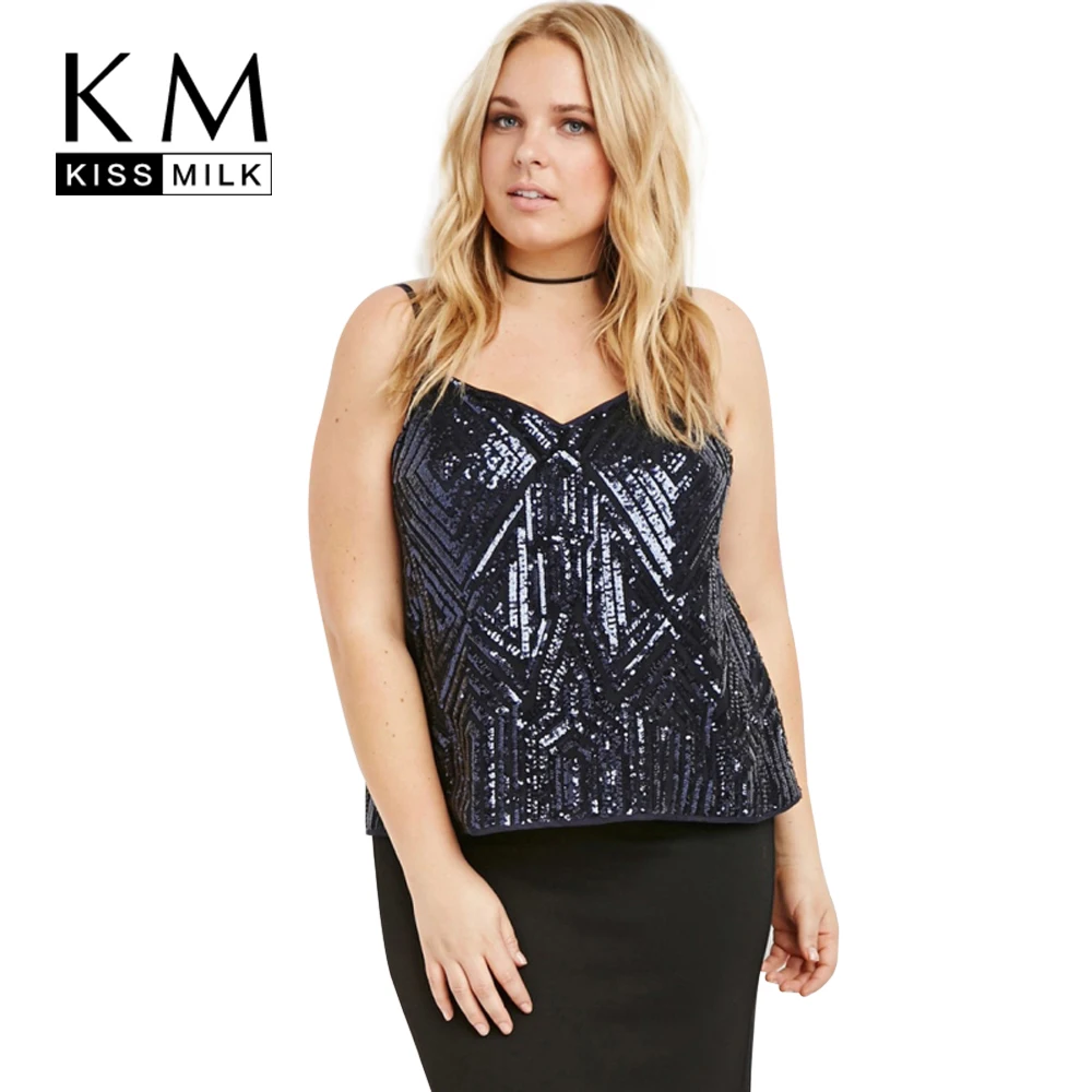 

Kissmilk Plus Size New Fashion Women Clothing Casual Backless Blingbling Tops Sexy Big Size Camisole 3XL 4XL 5XL 6XL