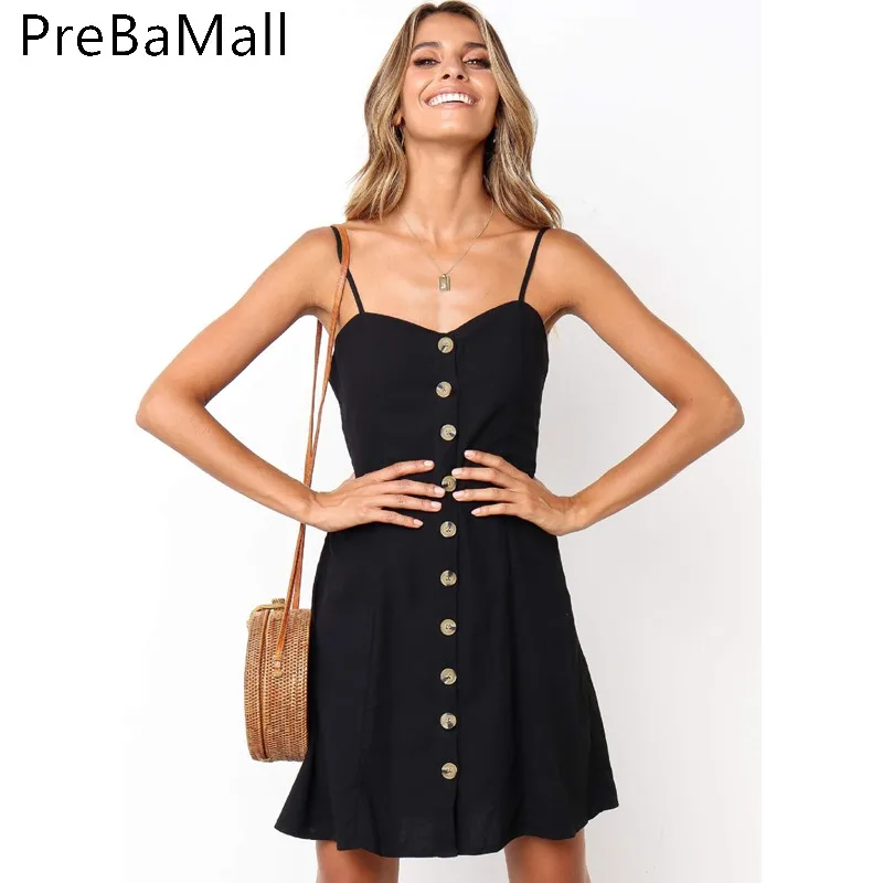 2019 Fashion Summer Spaghetti Strap Dresses Casual Sexy Buttons Solid Off Shoulder Sleeveless Dress Princess Dress C199