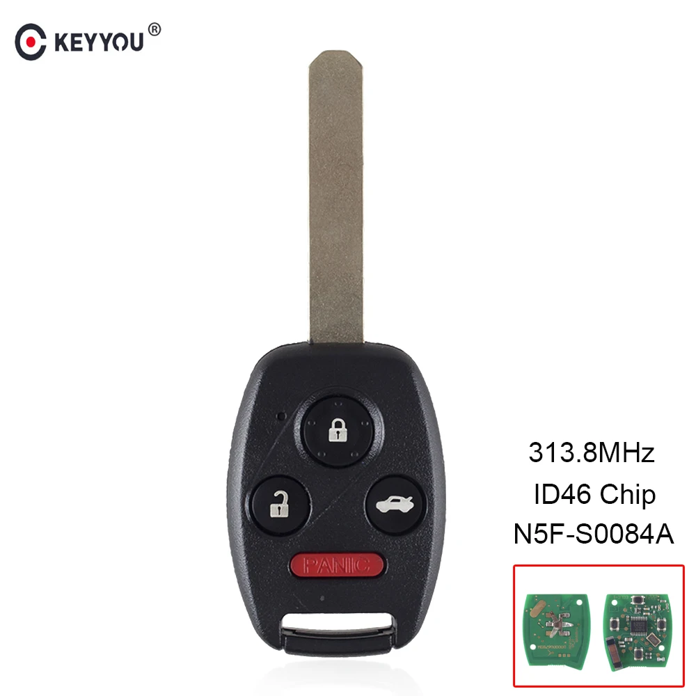 

KEYYOU 3+1 Button Remote Car Key 313.8MHz Fob for Honda Civic 2006 2007 2008 2009 2010 2011 with PCF7961 Chip N5F-S0084A
