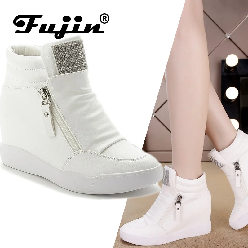 Fujin/брендовые ботинки на танкетке; сезон осень-зима; женская обувь с увеличенной платформой; женская модная повседневная обувь на молнии; botas