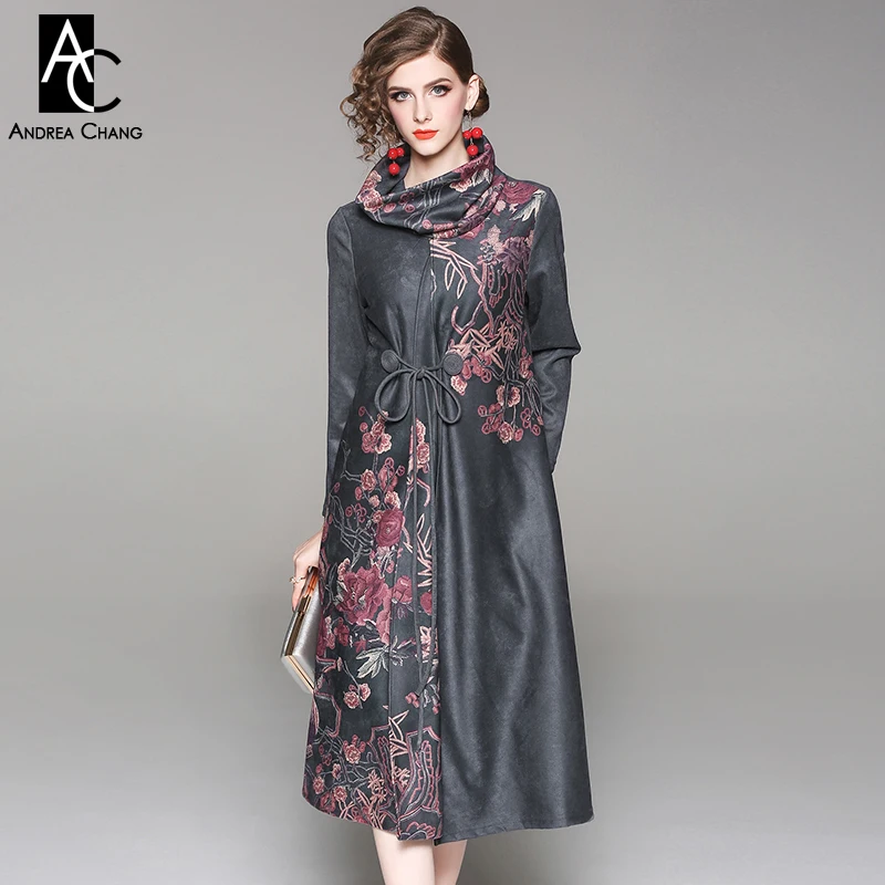 autumn winter woman trench outwear pink floral pattern print gray trench with pockets belt turtleneck fashion vintage trench