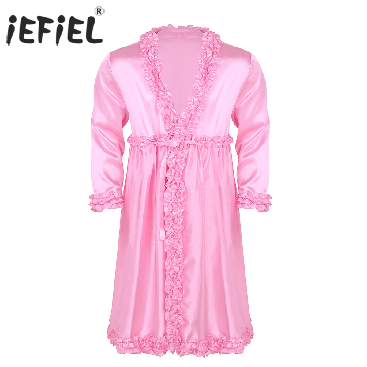 

Mens Sissy Robes Silky Satin Dressing Gown Bathrobe Lingerie Long Sleeves Frilly Ruffle Edges Long Nightgown Men's Sleepwear