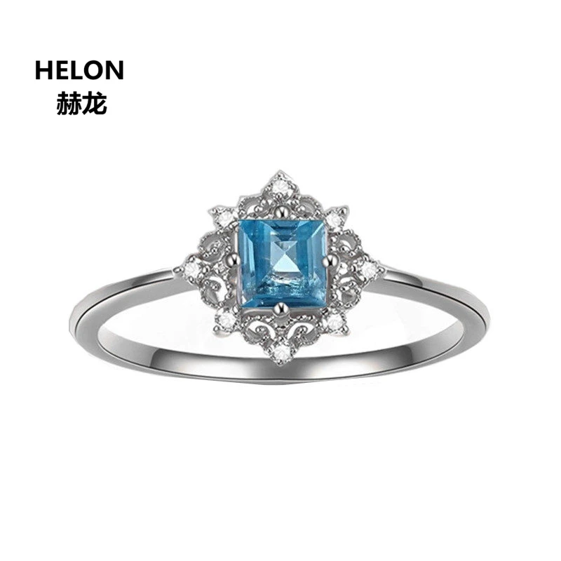 

Solid 14k White Gold Natural Diamonds Women Ring 4x4mm Princess Cut Natural Sky Blue Topaz Engagement Wedding Ring Vintage
