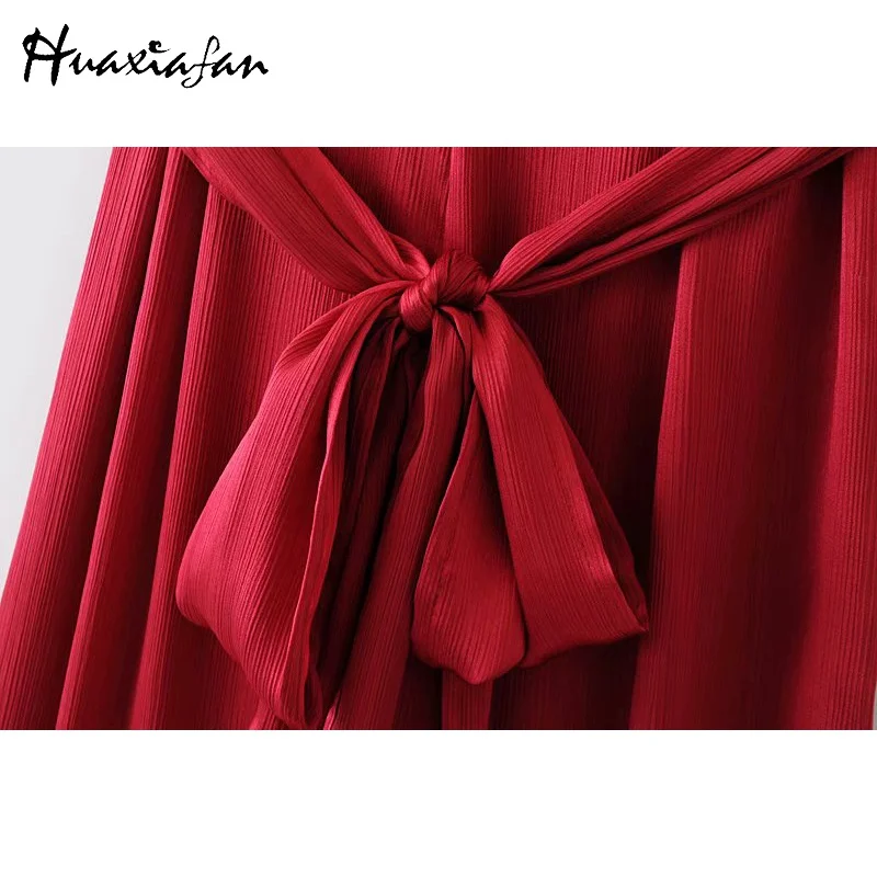 Huaxiafan Strap Jumpsuits For Women Sashes Solid Red Black Pants Sexy Backless Long Rompers Womens Straight Overalls Female