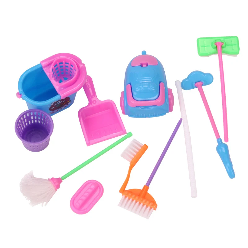 Миниатюрная кукольная щетка для чистки кукольного домика, детские игрушки, аксессуары для американских малышей, Швабра для мебели, метла, мусорное ведро, пылесос Q15 - Цвет: 11 PCS