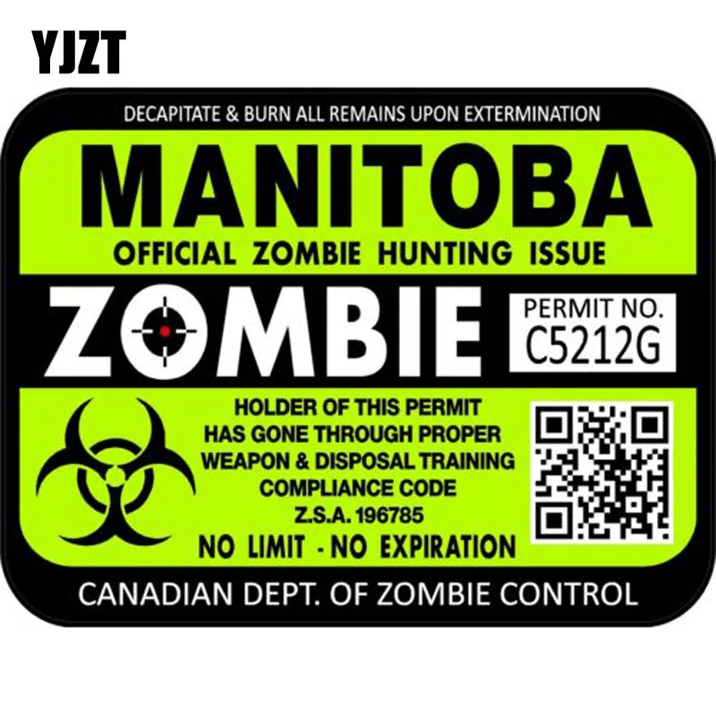 

YJZT 15x11.3cm Canada Manitoba ZOMBIE Hunting License Permit Retro-reflective Decal Car Sticker C1-8112