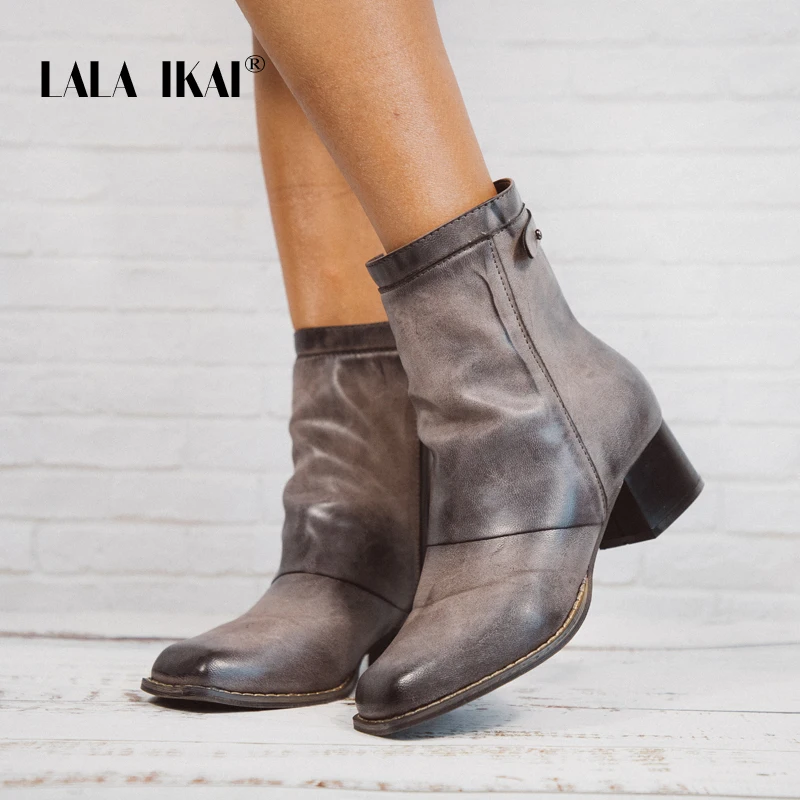 

LALA IKAI Women Winter PU Leather Grey Ankle Boots Square Toe Med Heel Zipper Ladies Bootie 2018 Shoes Plush 014C2228 -49