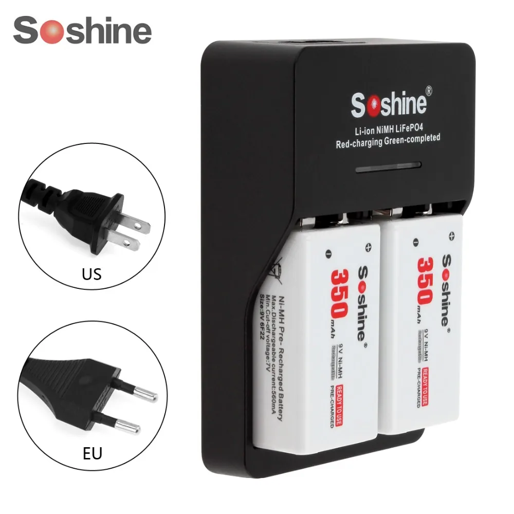 

2pcs Soshine 9V 6F22 350mAh Ni-MH Rechargeable Battery Bateria+ 9V Smart Charger with LED Indicator