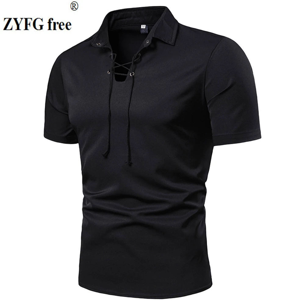 ZYFG free men t-shirt short-sleeved turn-down collar t-shirts solid color elastic rope decorative tops menswear ZYFG free men t-shirt short-sleeved turn-down collar t-shirts solid color elastic rope decorative tops menswear