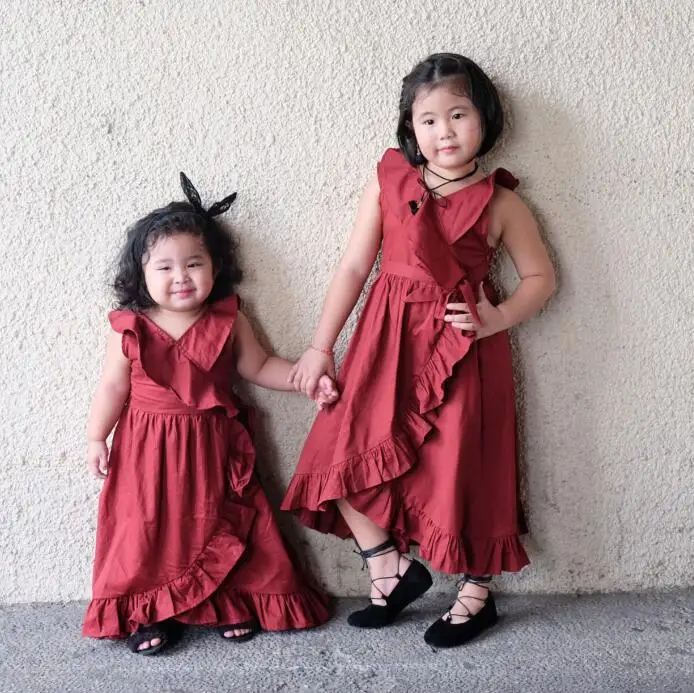 Everweekend Дети Девушки Лук Асимметричный оборками платье Sweet Baby красного цвета принцессы Западная мода Для летних вечеринок Костюмы