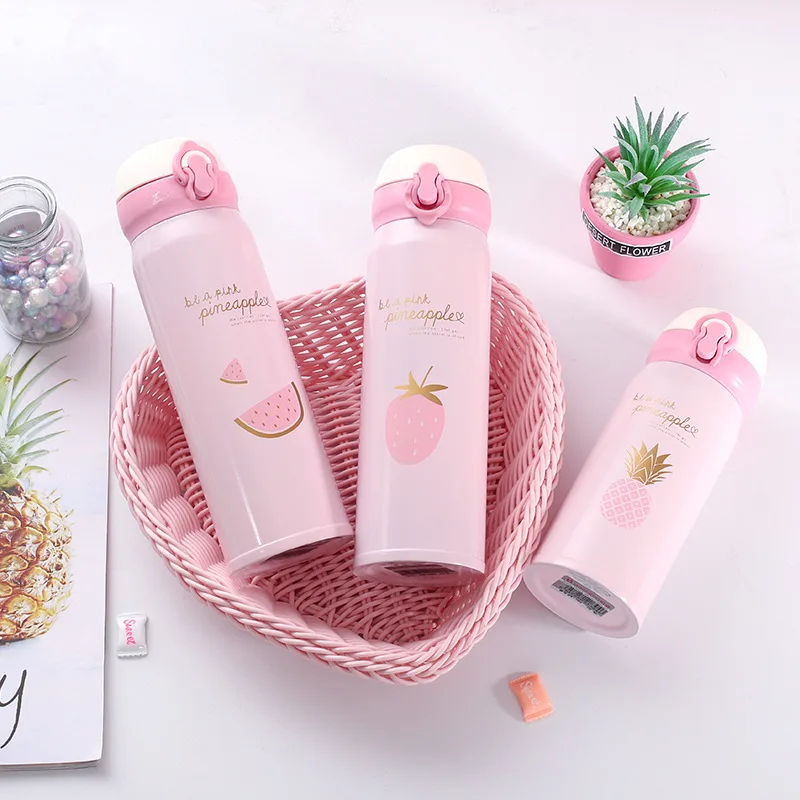 

Pink Girl Cute Fruit Pattern Hot Water Thermos Stainless Steel Thermal Insulated Vacuum Flask Women Office Water Bottles Tea Cup