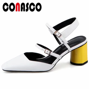 

CONASCO Summer Sandals Women Pumps High Heels Genuine Leather Shoes Basic Shoes Buckle Strap Pumps Prom Party Dress Shoes Woman