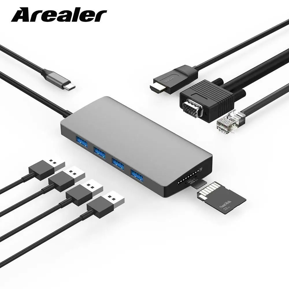 10 в 1 USB концентратор Miltifunctional док-станция USB C до USB3.0 4 K HD 1080 P VGA 1 Гбит/с Ethernet сети 60 Вт PD SD концентратор-картридер