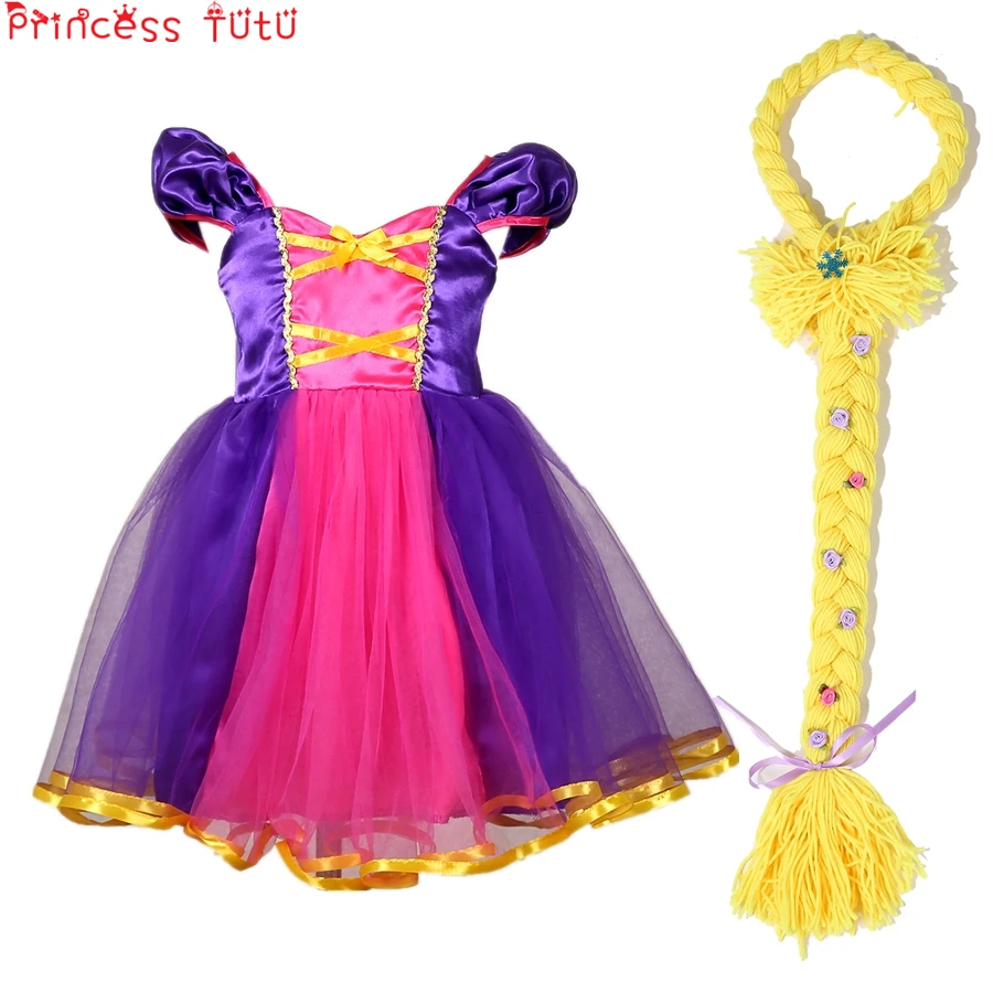 

Princess Rapunzel Costume Pink&Purple Girl Halloween Cos Costume Birthday Party Dress With Long Yellow wig Cheap Clothes China