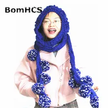 BomHCS Модный женский длинный шарф с шапочкой ручной работы вязаная зимняя теплая шапка шейный платок с мягкими помпонами