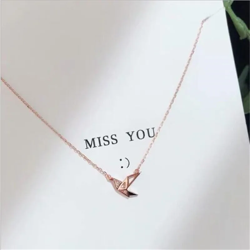 

LULU-PIG Hot selling 925 silver sen web celebrity rose gold paper crane necklace female immortal flower clavicle chain 6M-17