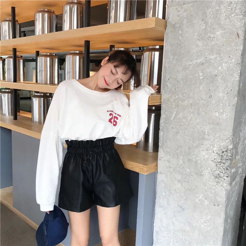 NORMOV модные корейские стильные кожаные шорты для женские, с высокой талией свободные широкие шорты женский эластичный пояс однотонные