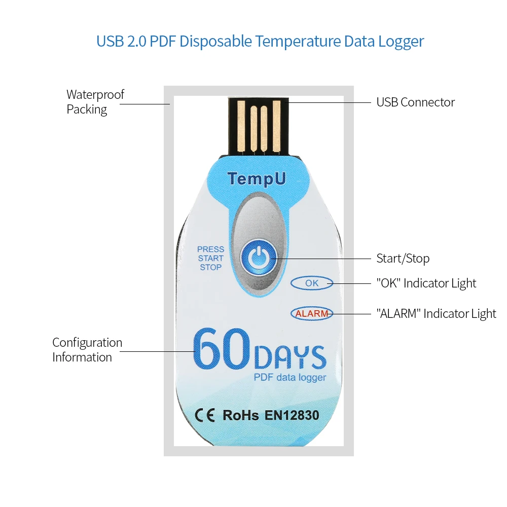 Водонепроницаемый USB 2,0 PDF одноразовый регистратор данных температуры 60 дней холодной цепи термометр рекордер