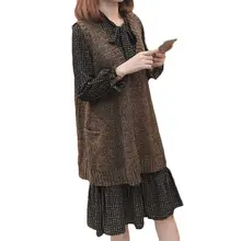 Сплошной цвет v-образным вырезом вязаный жилет женский весна осень свободный большой размер Женский Повседневный без рукавов свитер жилет LQ652