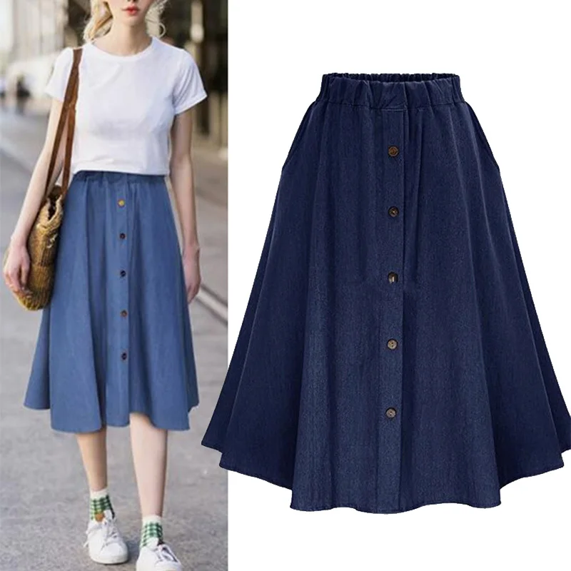 Women Jeans A line Denim Midi Skirt High Waist Solid Buttons Women ...