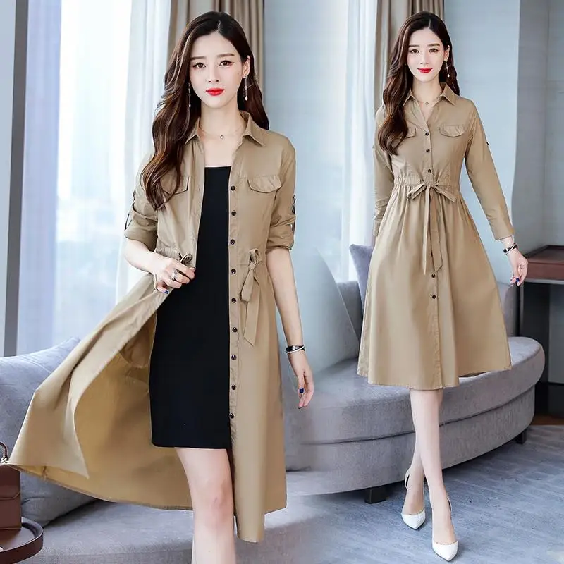 

Long Trench Coat Women Thin Khaki Windbreaker Coat Korean Style Loose Long-sleeved With Pocket