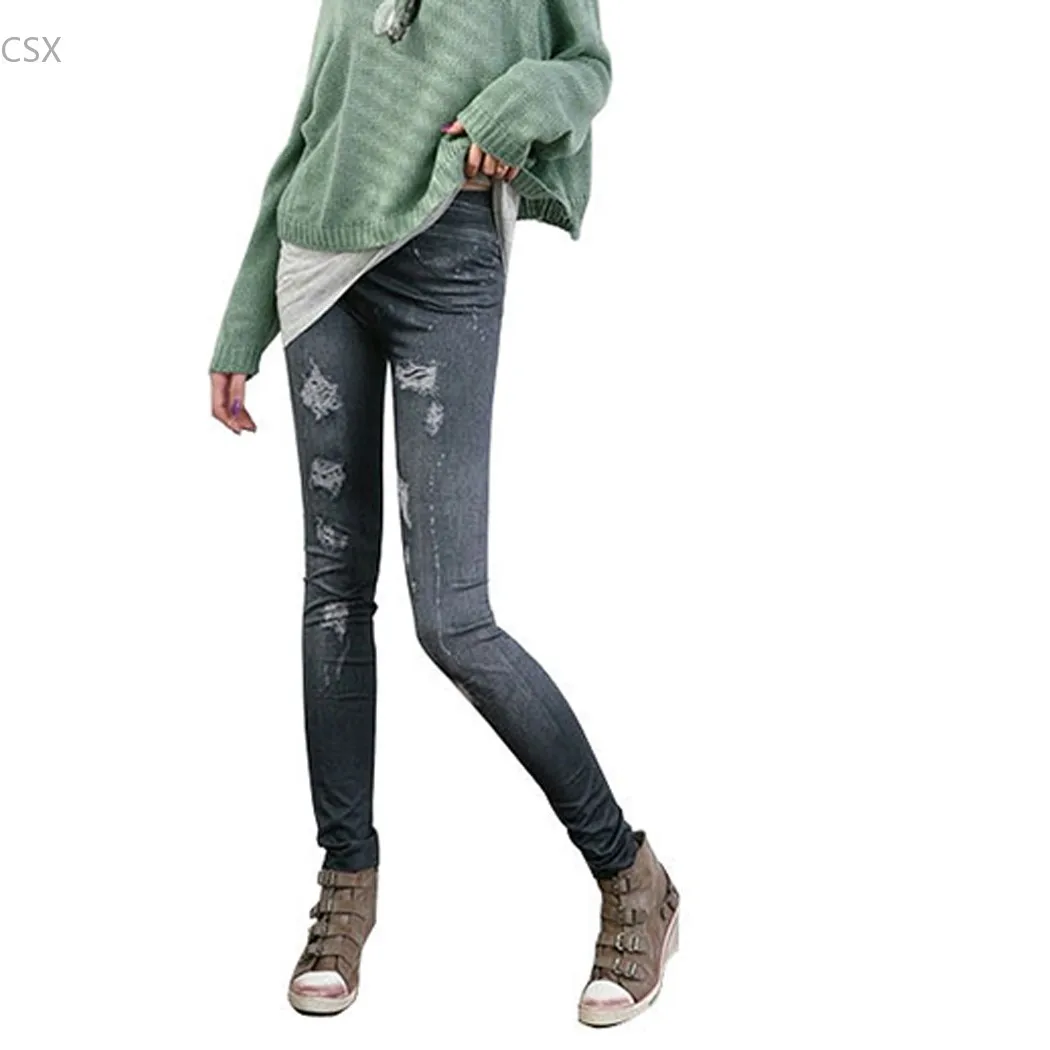 

MwOiiOwM New Women Jeggings Stretch Skinny Leggings Pencil Pants Casual Large Grinding Holes Printing Jeans 10