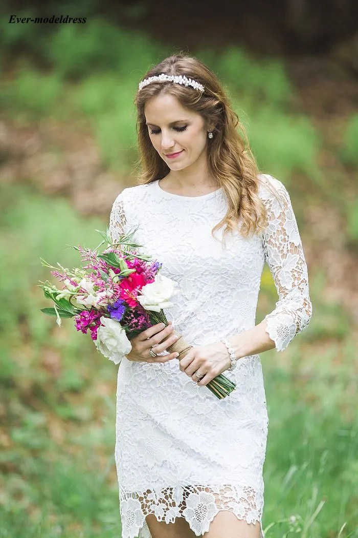 

Noiva 2019 Short Wedding Dresses Lace Long Sleeves Country Mini Bridal Gowns Zipper Back Customized Beach Robe De Mariee