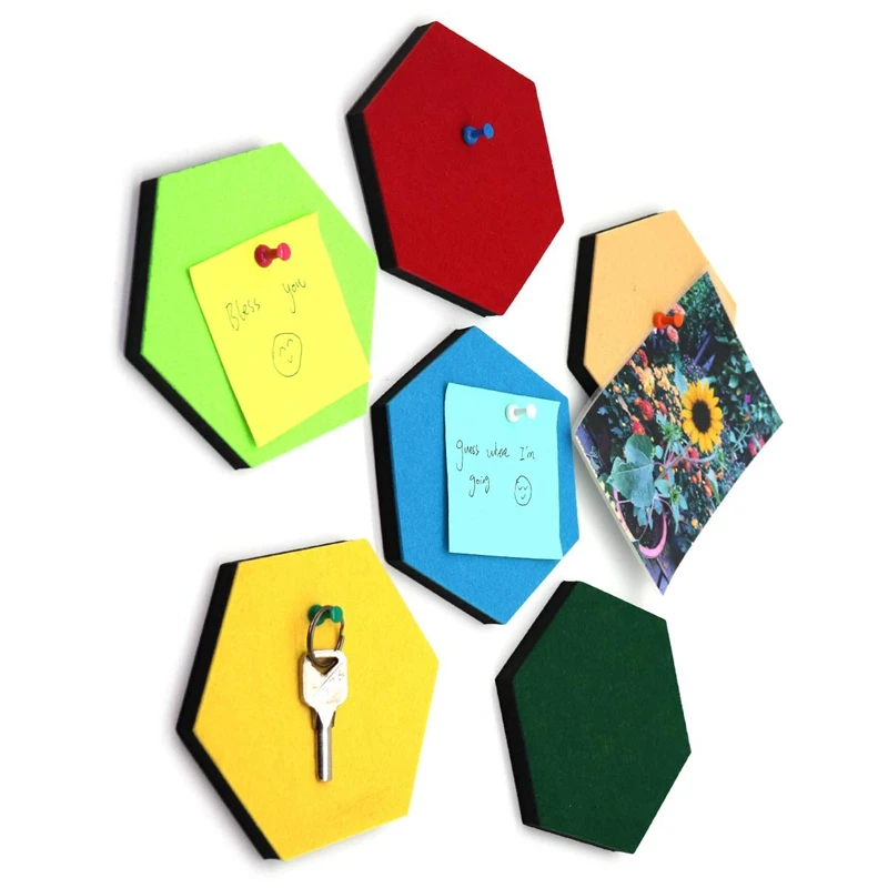 New 6 Pack Hexagon Felt Pin Board Self Adhesive Bulletin Memo Photo Cork Boards Colorful Foam Wall Decorative Tiles With 6 Pus