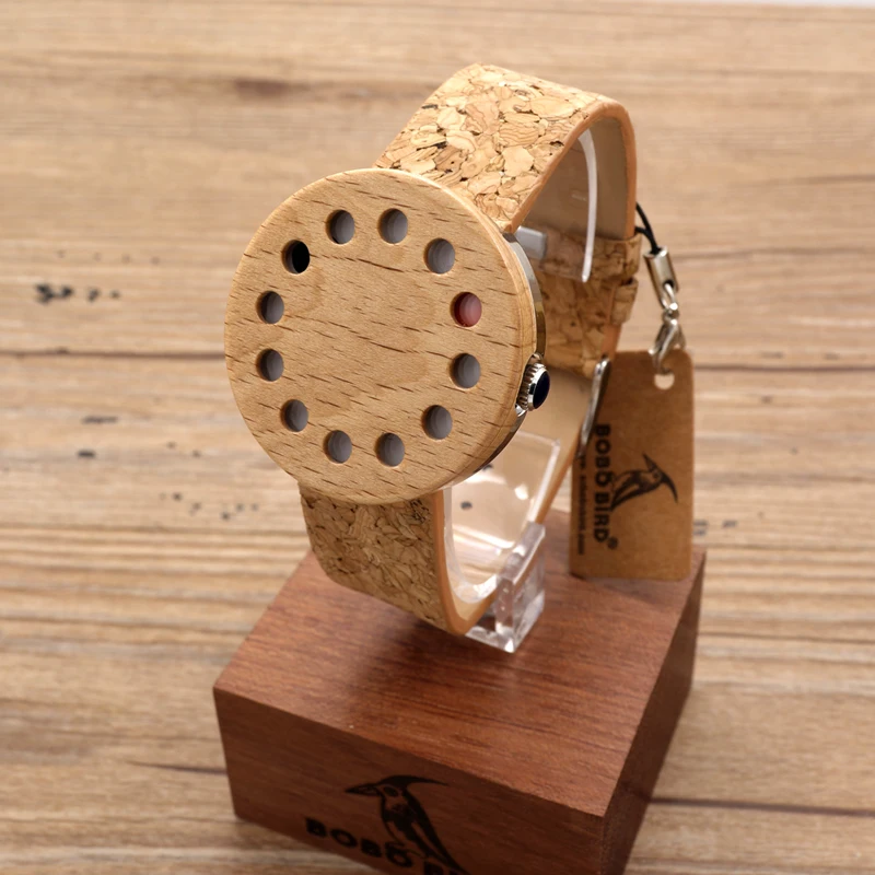 BOBO BIRD Wood Wristwatch 12 Holes Design Wood Bezel Stainless Steel Case Fashion Quartz Watches for Men Women Reloj Mujer V-C15