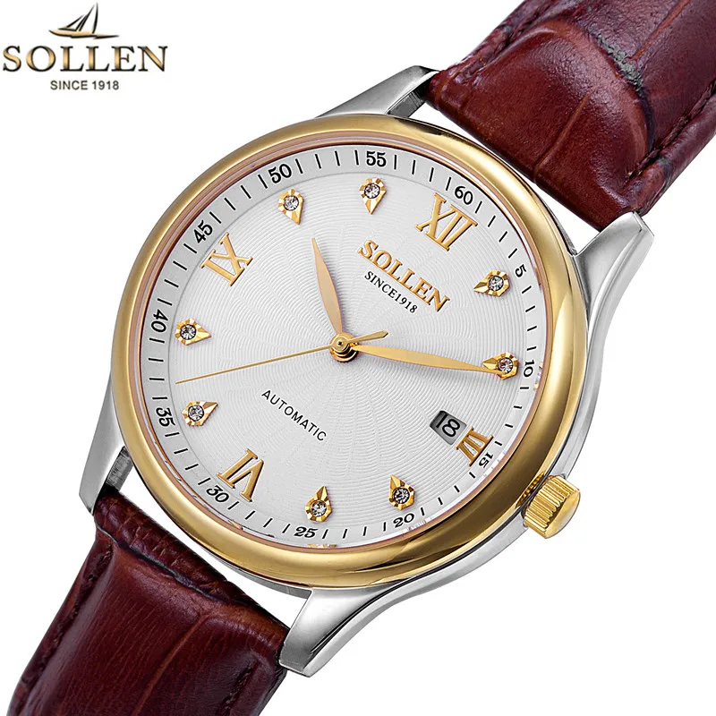 

SOLLEN new men leather watch wrist original luxury top brand big automatic fashion Casual Mechanical watches relogio masculino