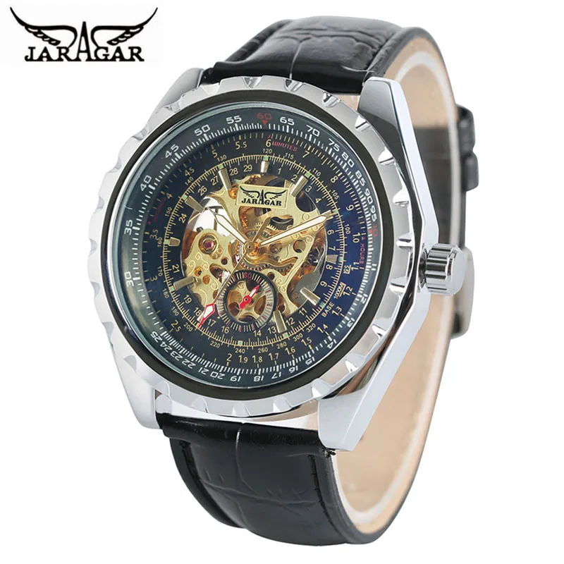 JARAGAR Brand Luxury Men Gold Hollow Skeleton Mechanical Watch Male Automatic Genuine Leather Military Watch Men 3