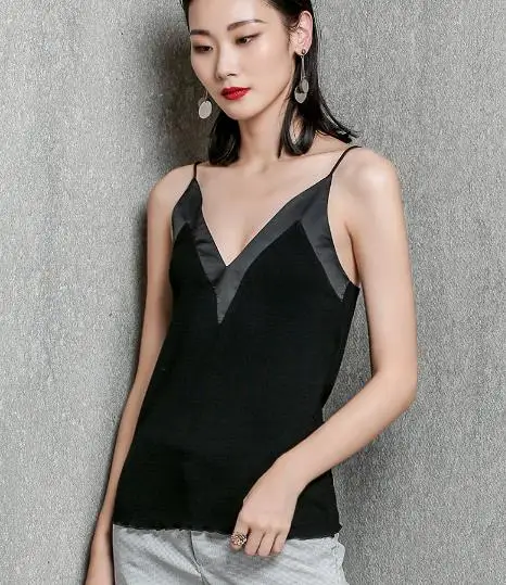

Sell LIMITSTOCK Brand Classic Black White Cotton Stretch Cami With Silk Lace Trim Deep V Neck Excellent Sexy Tank Top