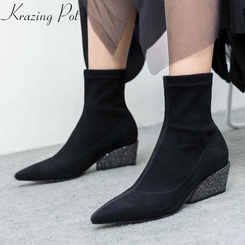 

Krazing Pot 2018 new full grain leather kid suede pointed toe square bling shiny thick heels comfortable wedding ankle boots L69