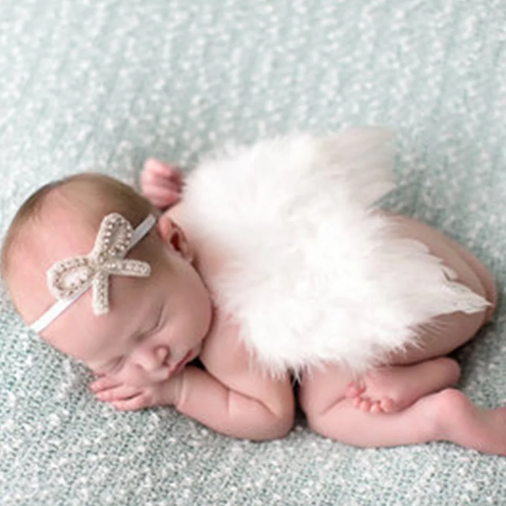 Bambino Carino angelo piuma ali Fotografia Costume Prop puntello della foto con elastico Perla Strass fascia del fiore Set per le ragazze bianche