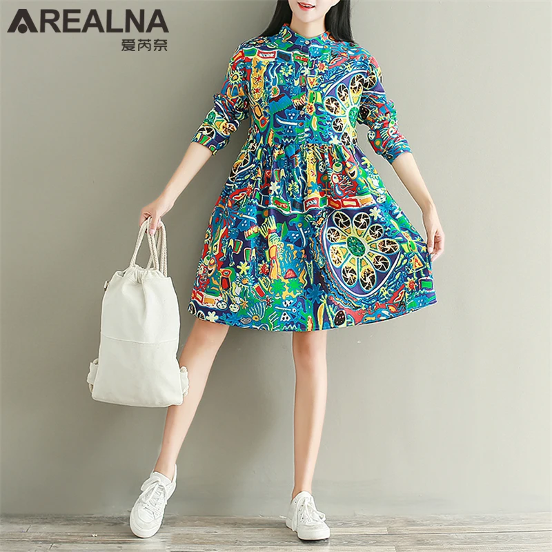 

2019 Autumn Winter Vintage Floral Women Dress Korean Elegant Cotton Linen Tie Dye Printed Dress Mori Girl Female Skater Vestidos