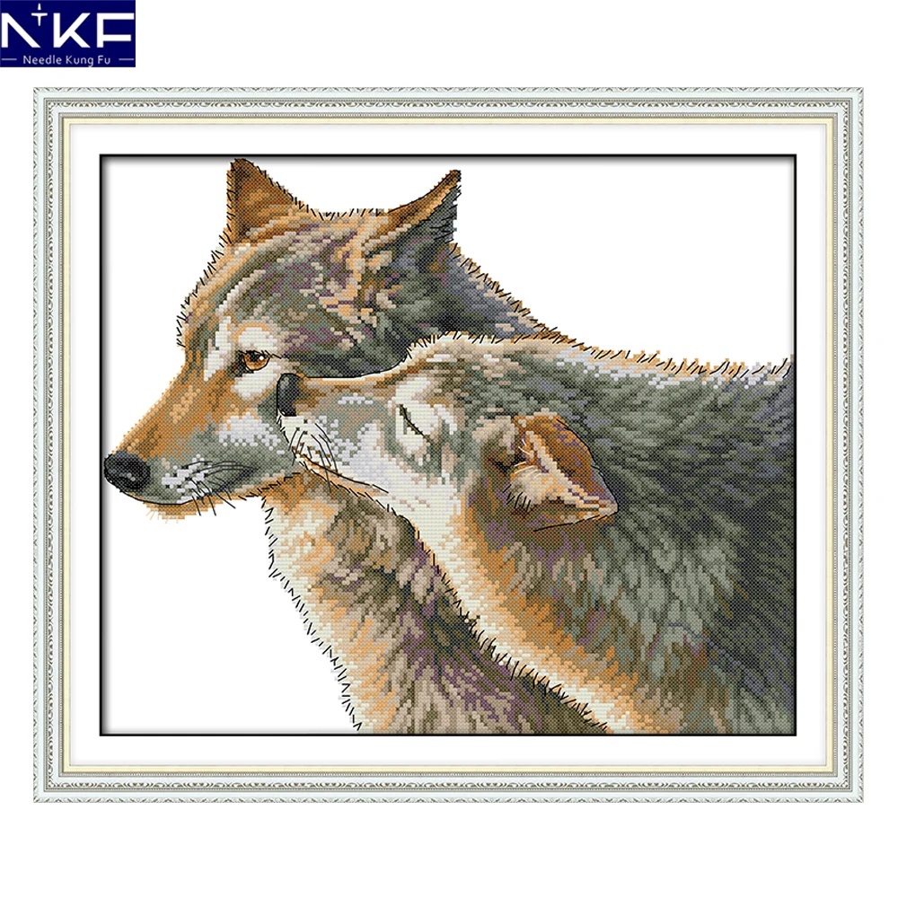 

NKF The Kiss of Wolf Cross Stitch Sets Handmade Craft Painting Needlework Embroidery Kit Animal Cross Stitching for Home Decor