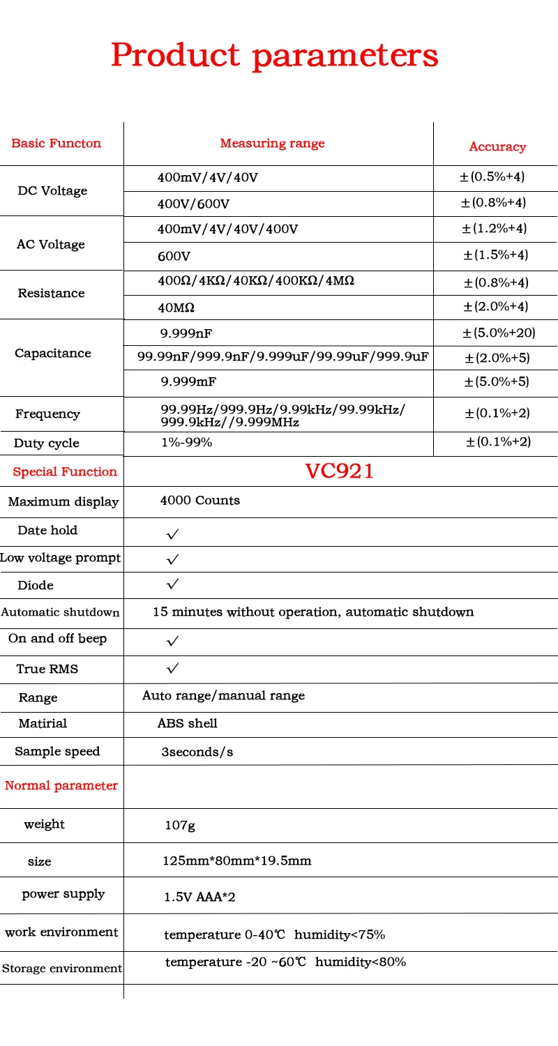 ZOYI VC921 3 профессиональный цифровой мультиметр 550 в Автоматический диапазон ручной мультиметр напряжение емкость диод тест инструмент