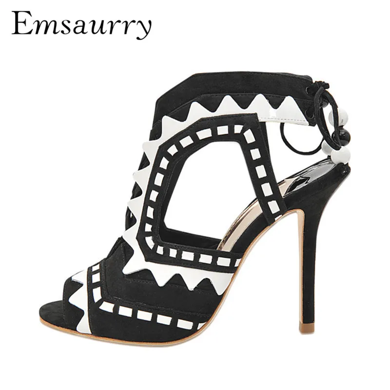 

Shark Shaped Patchwork Runway Shoes Woman Thin High Heels Peep Toe Back Strap Beading Gladiator Sandals Women