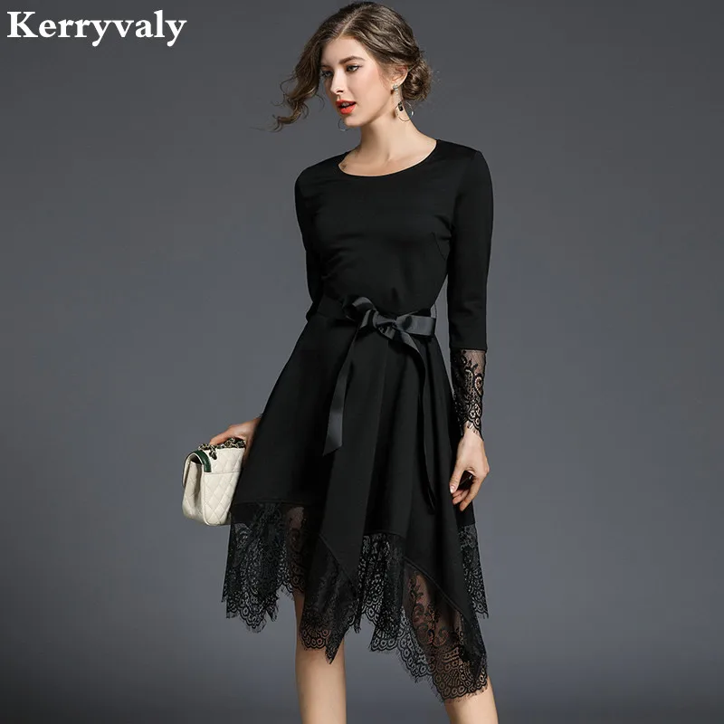 

Spring Irregular Black Lace Dress Woman Dress 2019 Robe Vintage Long Sleeves Skater Dress Dames Kleding Vestido Branco K6153