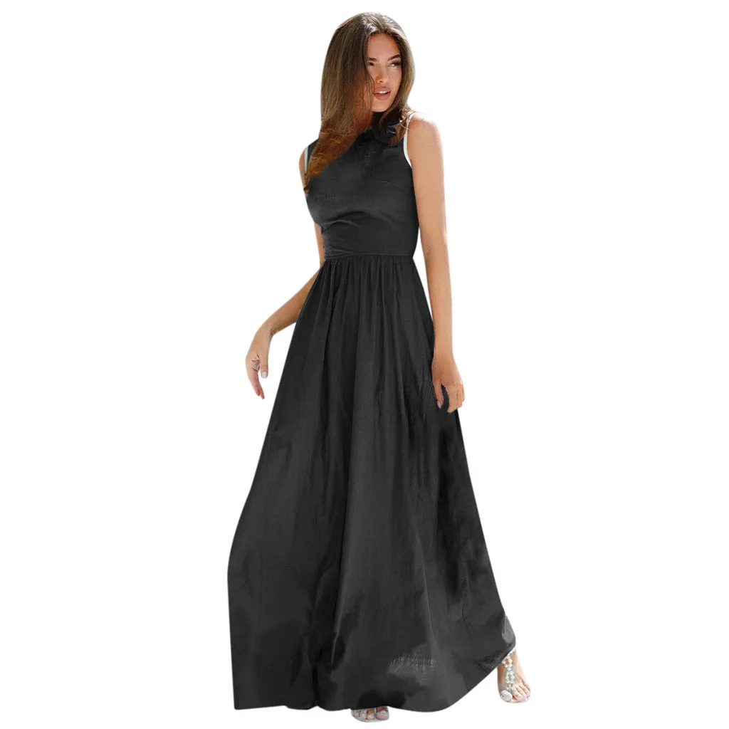 

Bohemian Black Long Summer Beach Dress Vintage Elegent Casual Loose O-neck Solid A-line Maxi Beach Style Holiday Party Dress #B