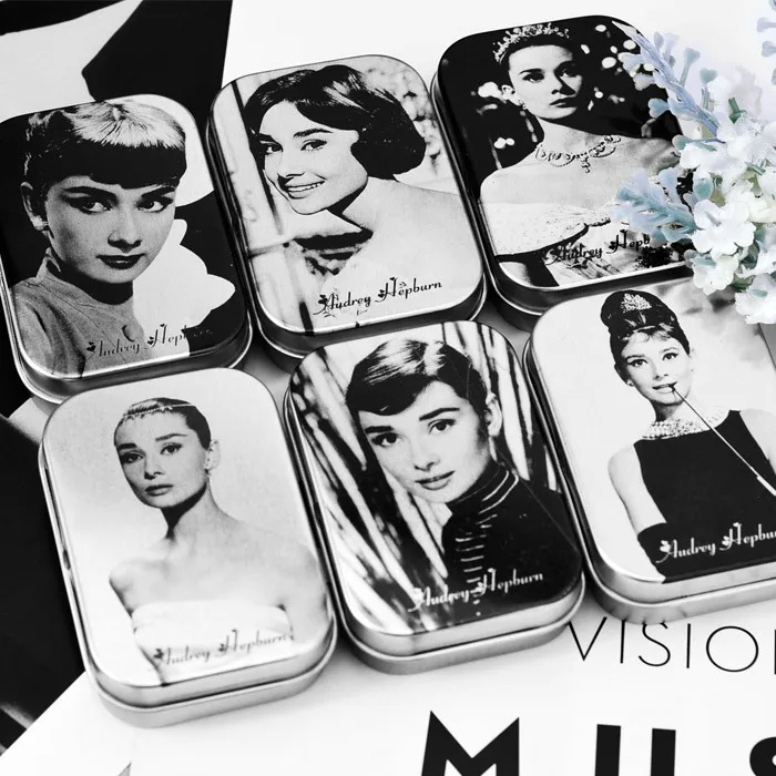 

6pcs 2.65 inch Audrey Hepburn Design Marilyn Monroe Storage MiNi box gift candy box Jewelry Pill Cases tin box cable organizer