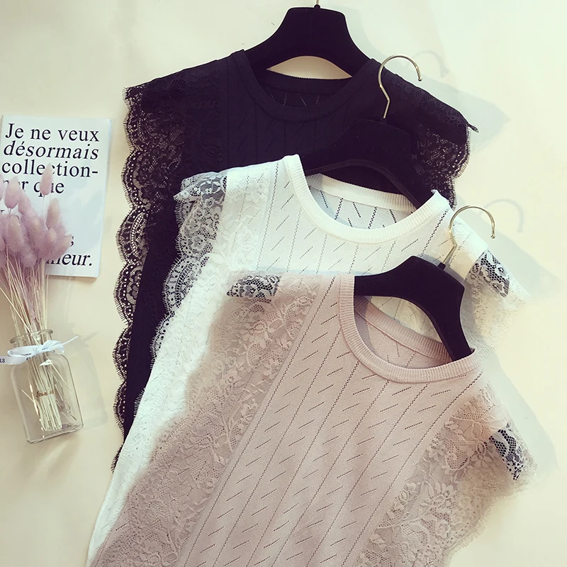 

DCCGHTY summer new lace mesh knitted sleeveless o-neck t-shirt women tshirt patchwork tees top casual female t shirt