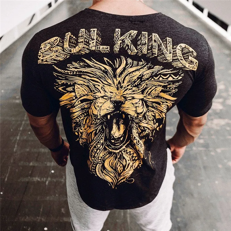 

Men Short sleeve polyester T-shirt Muscular man Casual Fashion Trend Print t shirt Gyms Fitness Workout Tee Tops Brand apparel